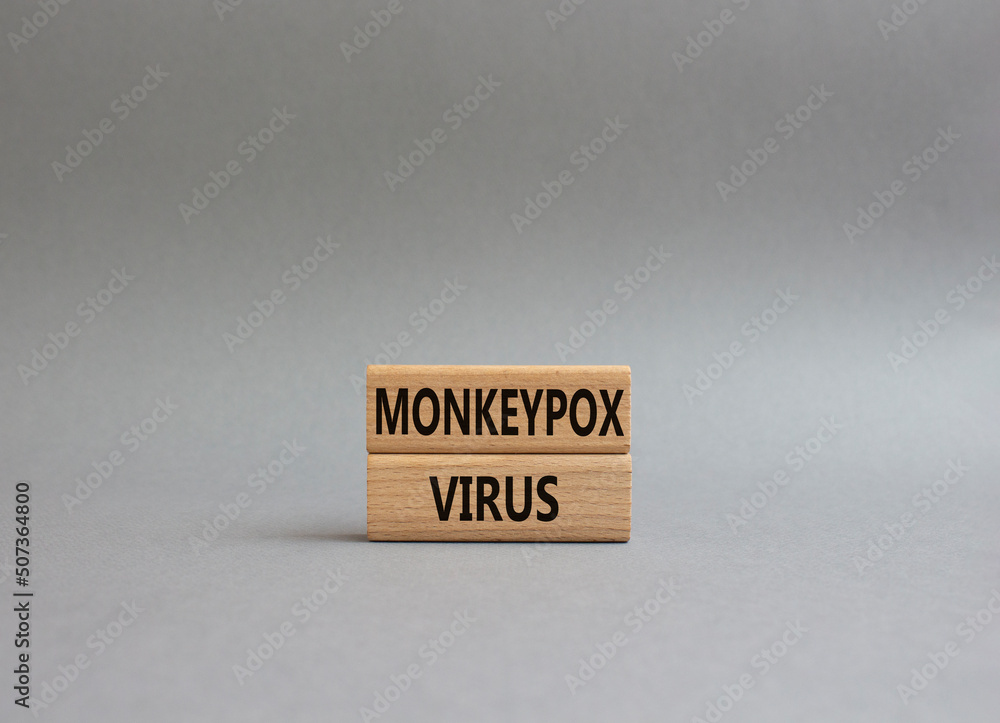 Monkeypox virus symbol. Concept word Monkeypox virus on wooden blocks. Beautiful grey background. Medicine and Monkeypox virus concept. Copy space Monkeypox virus symbol. Concept word Monkeypox virus on wooden blocks. Beautiful grey background. Medicine and Monkeypox virus concept. Copy space