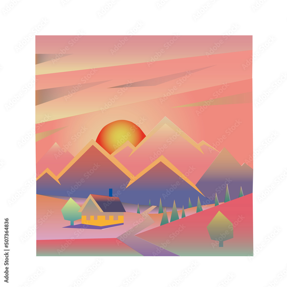 Mountain landscape with sunset in the Roerich style in pink and mauve tones. Mountain landscape with sunset in the Roerich style in pink and mauve tones.