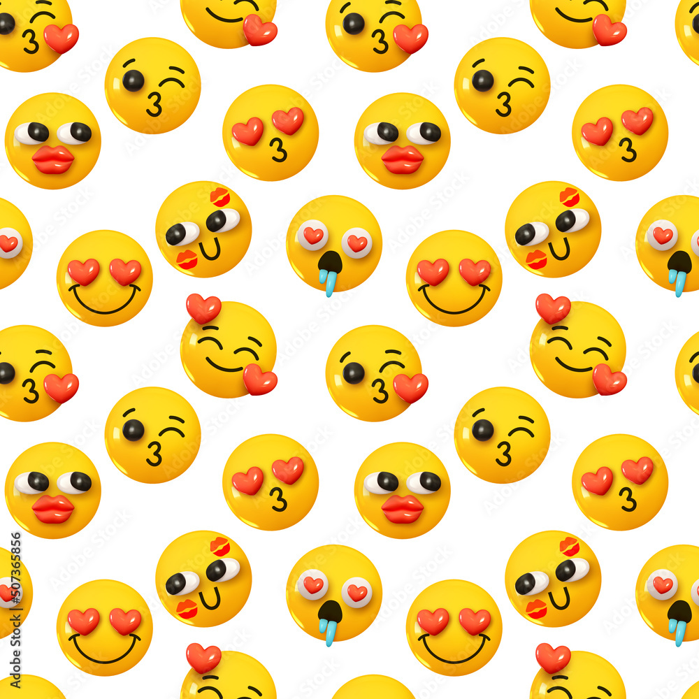 Pattern with yellow emoticons and emotions. Background cartoon emoticons happy faces lovers with hearts realistic 3d design. vector illustration Pattern with yellow emoticons and emotions. Background cartoon emoticons happy faces lovers with hearts realistic 3d design. vector illustration
