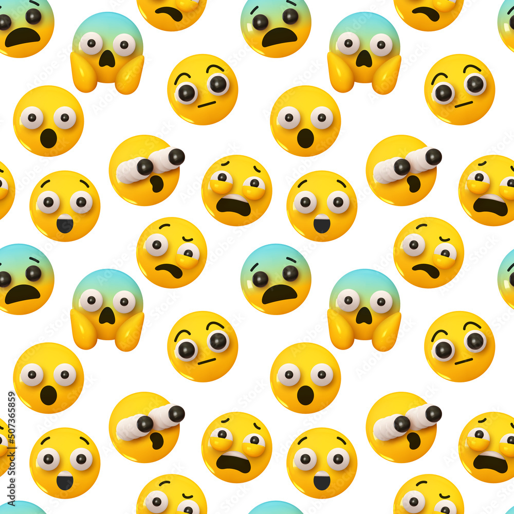 Pattern with yellow emoticons and emotions. Background with realistic 3d cartoon emoticons. Vector illustration