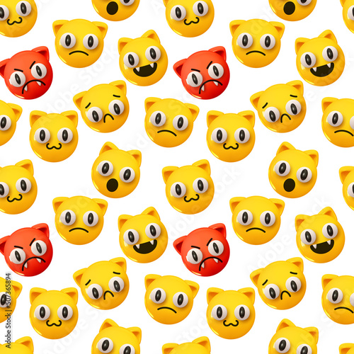 Pattern with yellow emoticons and emotions. Background with realistic 3d cartoon emoticons. Vector illustration