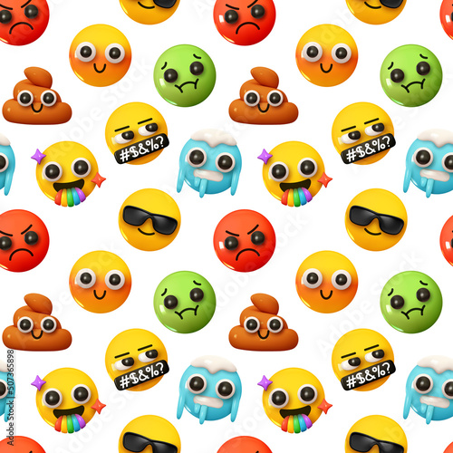 Pattern with yellow emoticons and emotions. Background with realistic 3d cartoon emoticons. Vector illustration