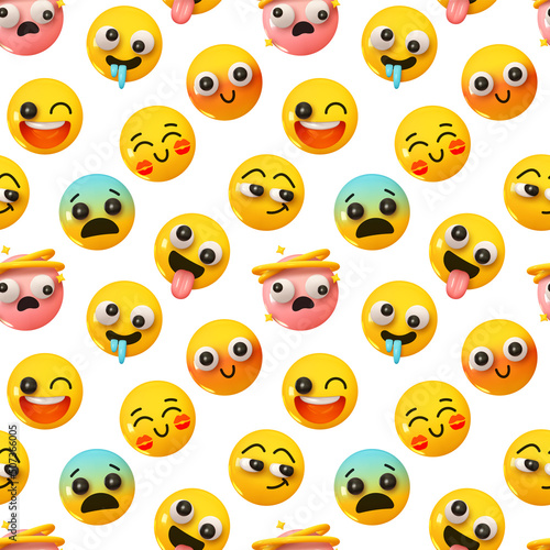 Pattern with yellow emoticons and emotions. Background cartoon emoticons happy faces with smiles realistic 3d design. vector illustration