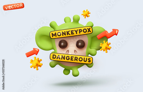 Sick monkey with pox virus. Monkeypox is a rare infectious disease of animals and humans. Virus from the poxvirus family. Realistic 3d cartoon design creative concept. Vector illustration photo