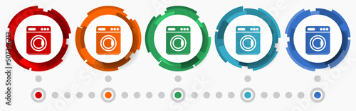 Washing machine, laundry concept vector icon set, modern design abstract web buttons in 5 color options, infographic template for webdesign and mobile apps