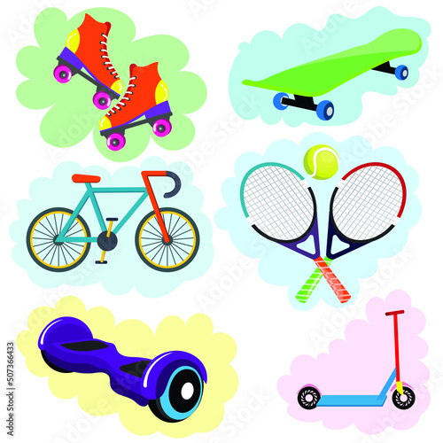Set of Sports Equipment, Flat Objects Set, Healthy lifestyle tools, elements