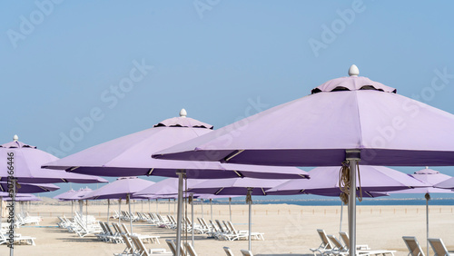 Fototapeta Naklejka Na Ścianę i Meble -  Purple beach umbrellas. Blue sky. Relaxing context. Summer holidays at the sea. General contest and location