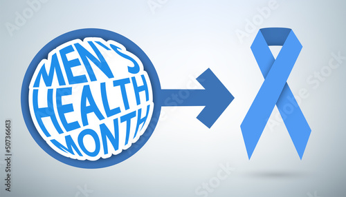 Men's Health Month greeting vector banner. Male gender symbol and blue ribbon. 