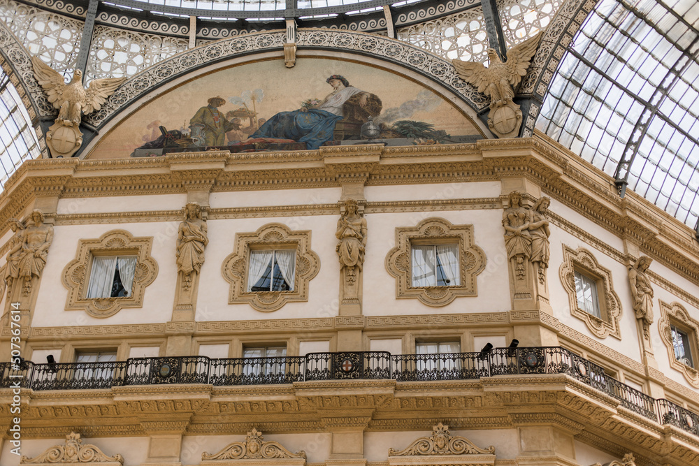 Architectural detail of the Galleria Vittorio Emanuele II in the city of Milan, Italy's oldest active shopping gallery and a major landmark, located at the Piazza del Duomo