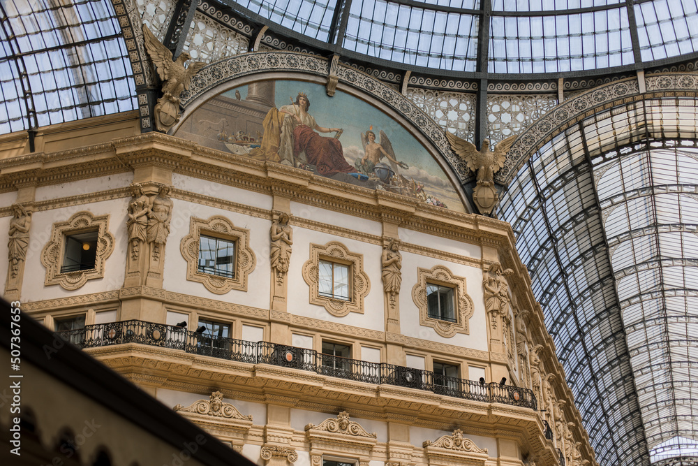 Architectural detail of the Galleria Vittorio Emanuele II in the city of Milan, Italy's oldest active shopping gallery and a major landmark, located at the Piazza del Duomo