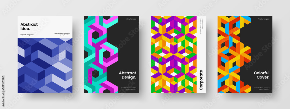 Unique geometric shapes poster template composition. Vivid flyer A4 vector design concept collection.