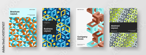 Trendy mosaic hexagons company cover illustration bundle. Colorful front page vector design layout set.