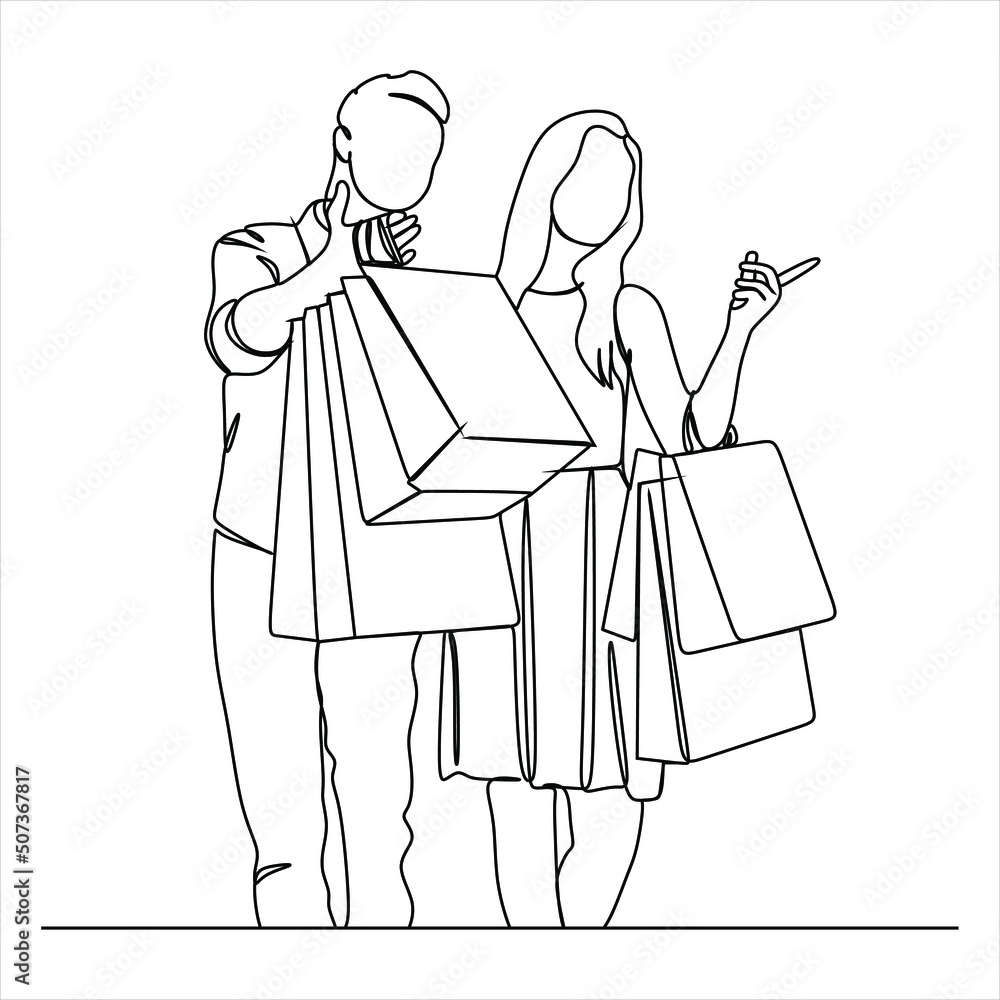 Fototapeta premium Continuous line drawing of man and woman shopping with bags , couple shopping