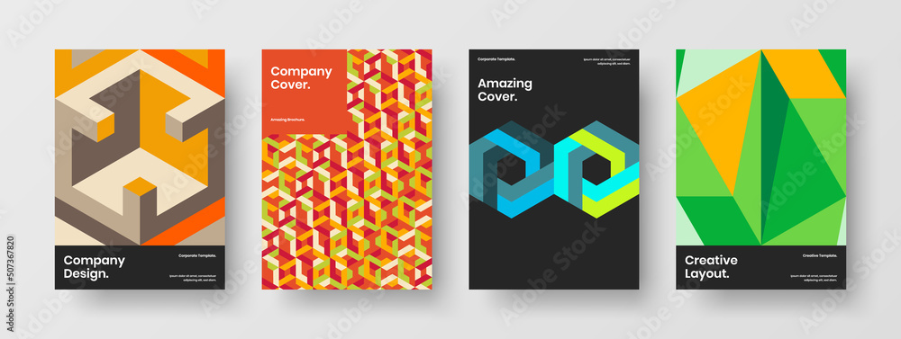 Trendy mosaic hexagons banner layout set. Multicolored leaflet design vector illustration collection.