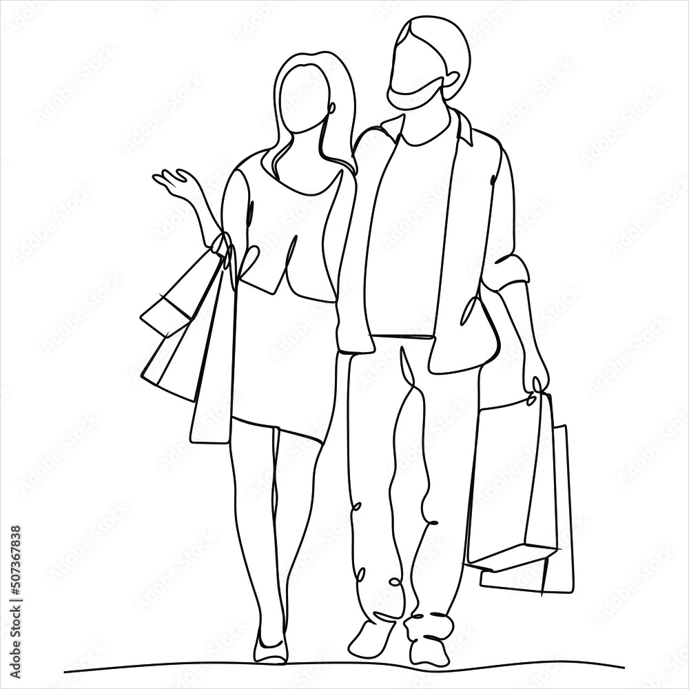 Continuous line drawing of man and woman shopping with bags , couple shopping Continuous line drawing of man and woman shopping with bags , couple shopping