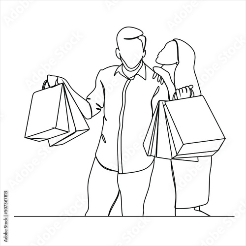Continuous line drawing of man and woman shopping with bags , couple shopping