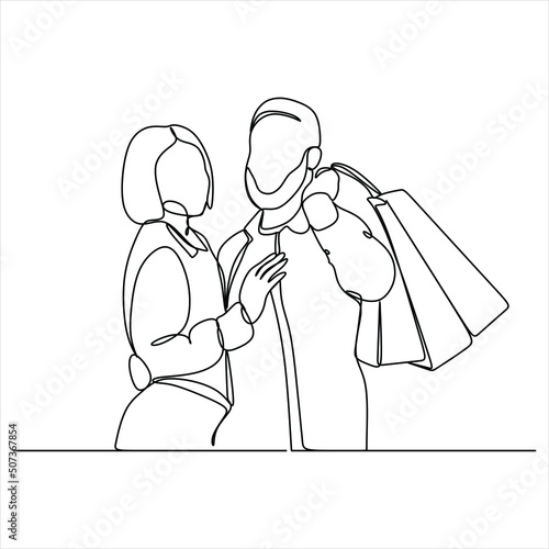 Continuous line drawing of man and woman shopping with bags , couple shopping