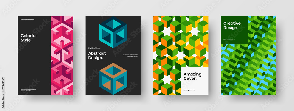 Unique pamphlet vector design illustration set. Bright geometric hexagons postcard template composition.