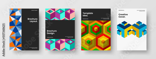 Multicolored brochure design vector concept set. Original mosaic shapes handbill illustration bundle.