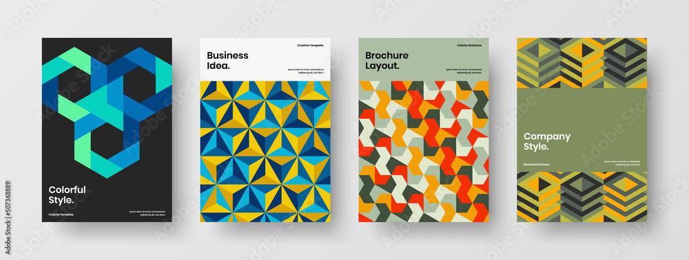 Modern placard design vector illustration set. Simple mosaic shapes corporate brochure template collection.