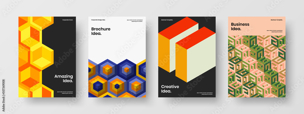 Naklejka premium Modern flyer design vector concept bundle. Trendy mosaic tiles pamphlet layout set.