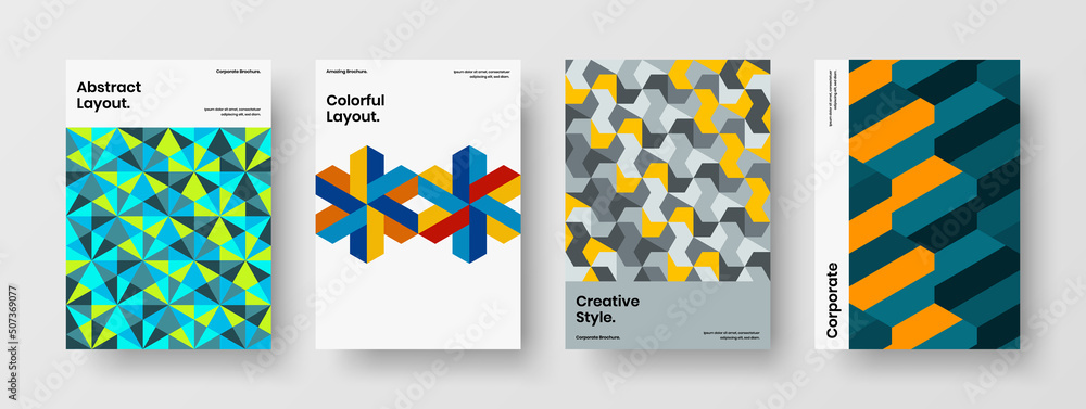 Clean geometric tiles leaflet concept bundle. Fresh presentation A4 vector design illustration set.