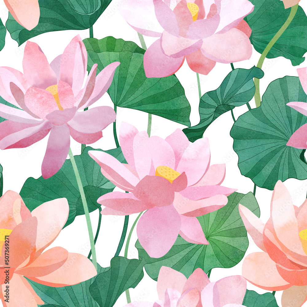 Lotus flowers and leaves seamless pattern Exotic floral watercolor illustration Tropical botanical print Spring blossom pattern
