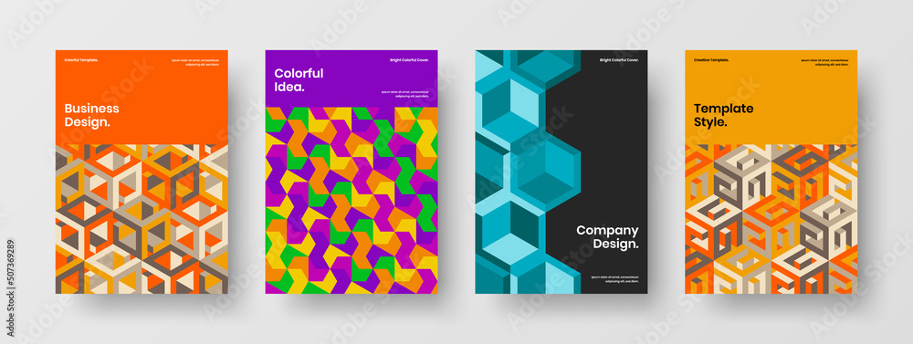 Fototapeta premium Modern leaflet design vector template composition. Colorful geometric shapes banner illustration collection.