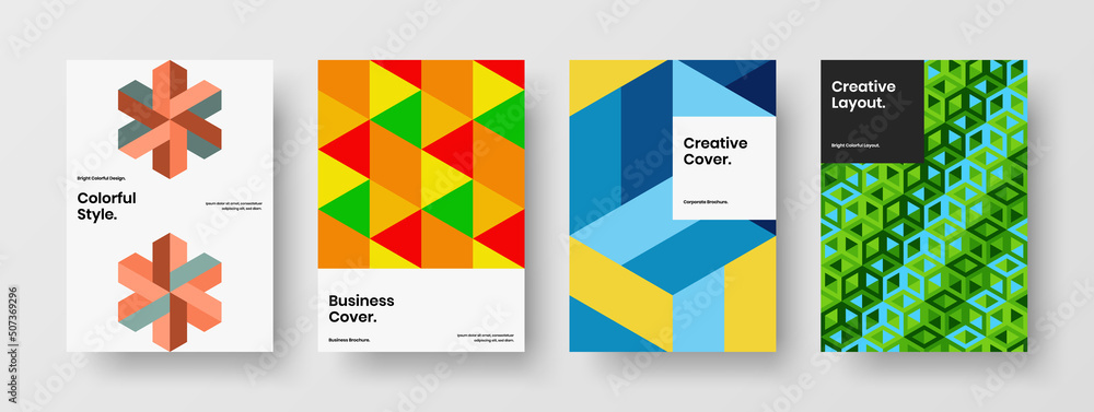 Fototapeta premium Modern front page vector design illustration composition. Clean geometric tiles leaflet template set.