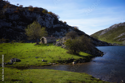 Landscape of the Lakes of Covadonga, with an old house