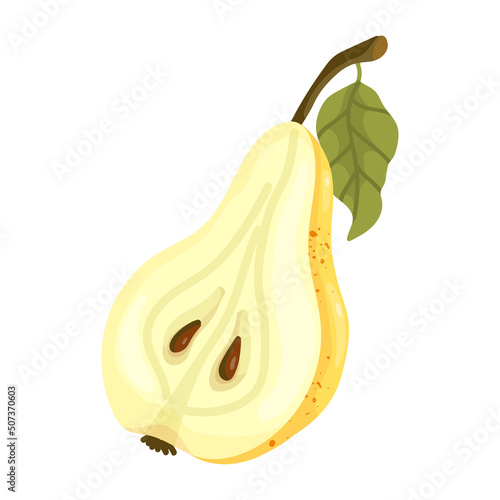 A rug of yellow pear with a leaf.Vector summer fruit on a white background.
