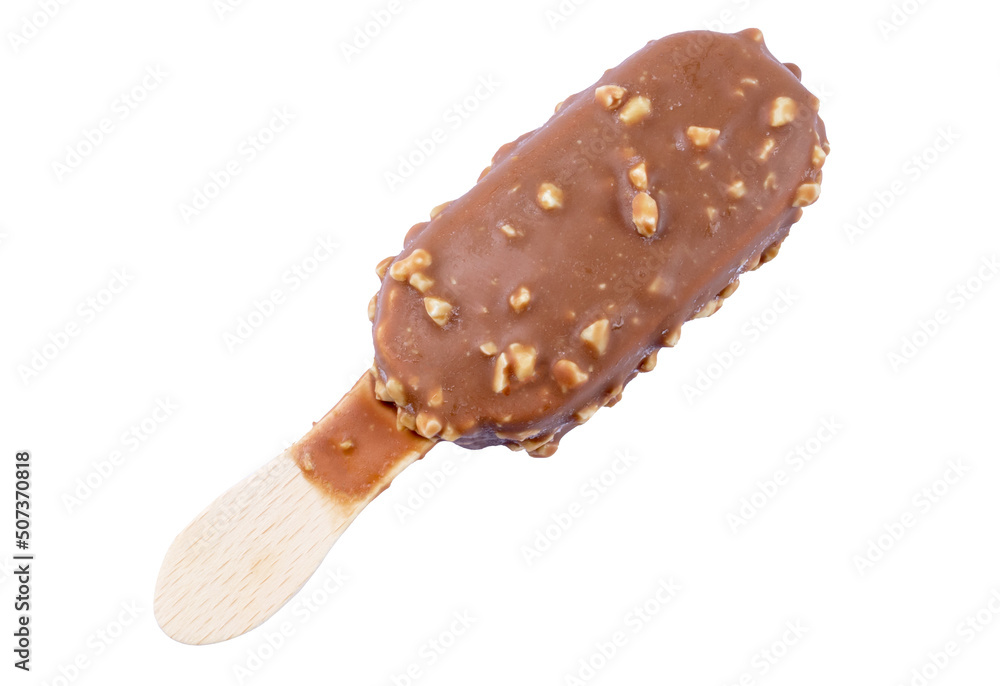 Ice cream bar on wooden stick with nuts in dark or milk chocolate coating isolated on white Ice cream bar on wooden stick with nuts in dark or milk chocolate coating isolated on white