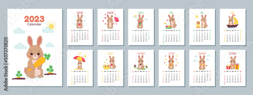 Calendar 2023 template with cute rabbit. Design of calendar with a symbol of the new year. Set of 12 Months calendars. The week starts on Sunday