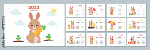 Calendar 2023 template with cute rabbit. Design of calendar with a symbol of the new year. Set of 12 Months calendars. The week starts on Monday