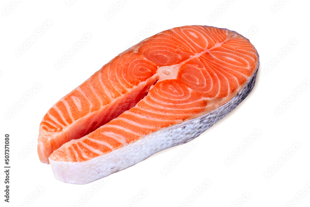 Raw salmon steak isolated on white background. Fresh fish piece Raw salmon steak isolated on white background. Fresh fish piece