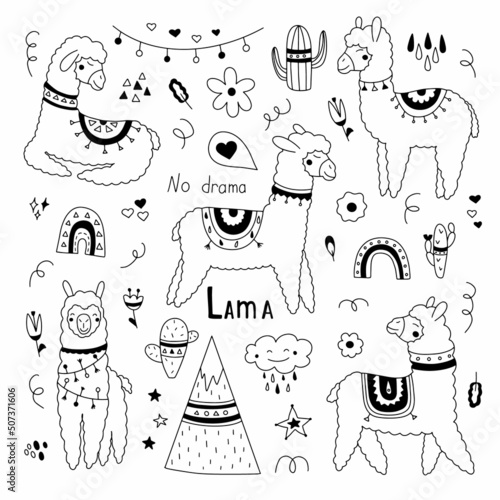 Set with cute llamas in different poses. Vector illustration in scandinavian style isolated on white background for your design