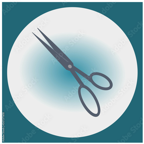 The symbol of gray hairdressing scissors in a blue square frame with a circle