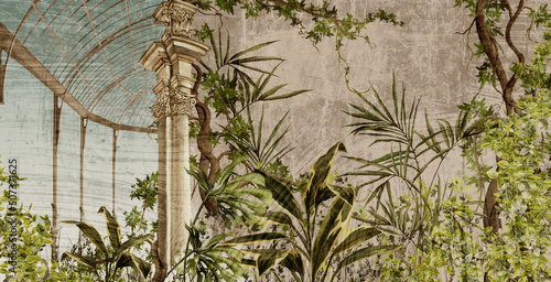  greenhouse with a column in which tropical plants grow art drawing photo wallpaper © Viktorious_Art