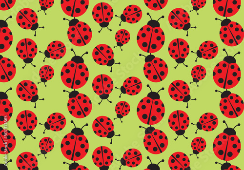 Ladybug seamless pattern, vector illustration over green background
