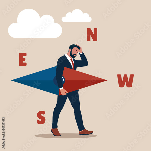 Frustrated entrepreneur holding broken compass lost direction finding way to go. Lost direction, frustrated business plan or problem and difficulty to find right path, mistake or wrong decision.