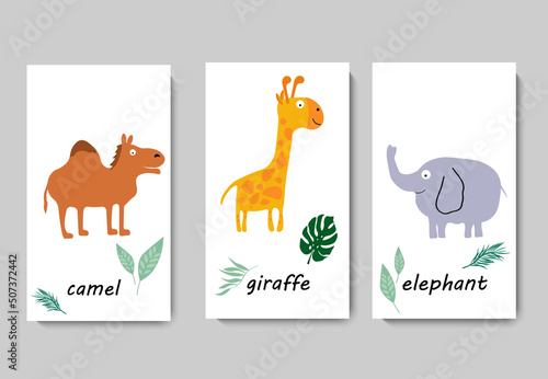 Set of cards with cartoon animals - camel  giraffe  elephant. Vector animalistic illustration. For prints and posters  childrens products  covers and brochures  packaging and celebrations.