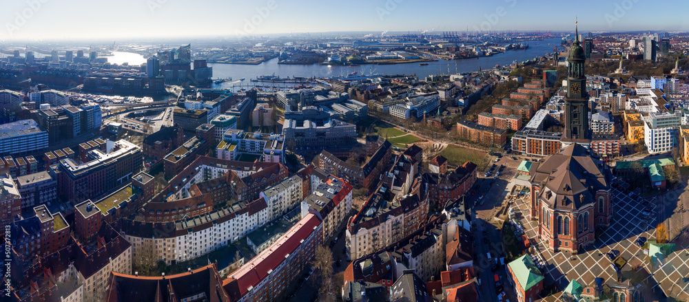 Hamburg City and the Michel as a landmark of the city from Top