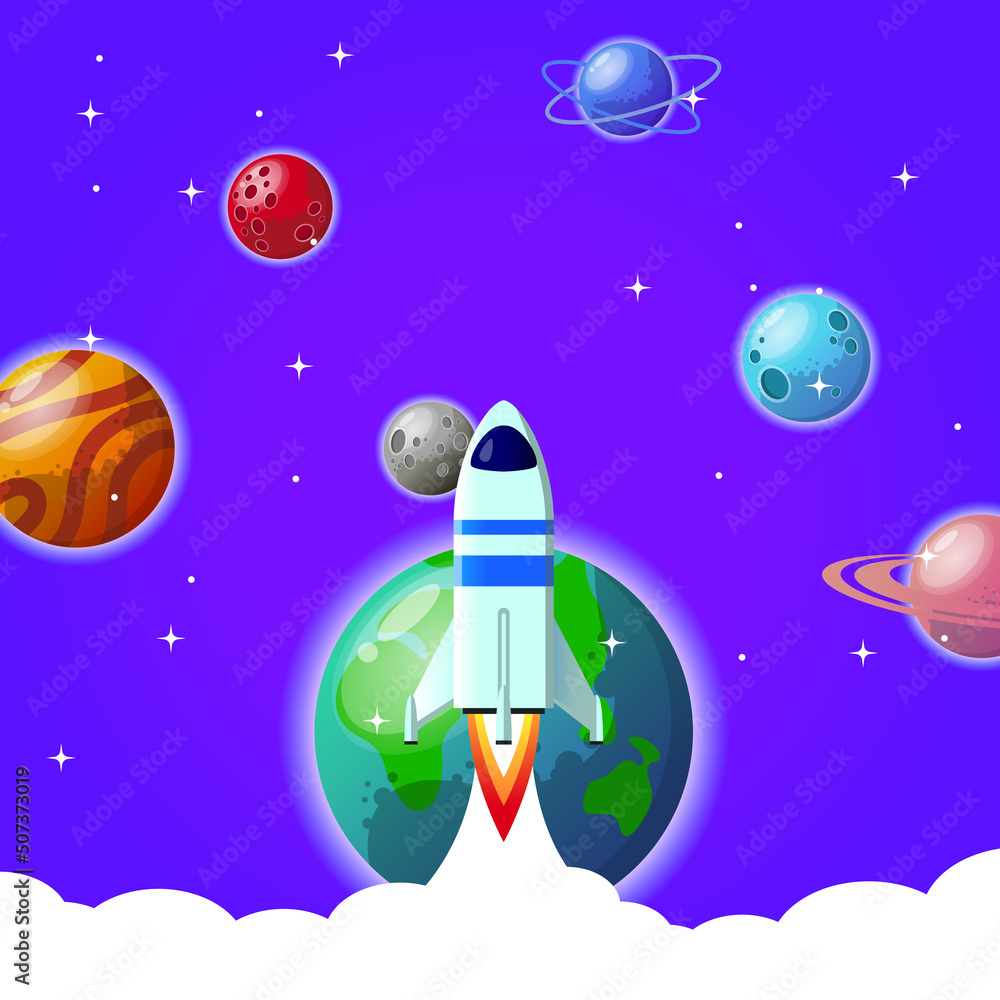 Naklejka premium A rocket flying among the planets in space. Astronomical background. Rocket plowing space