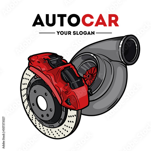 Billboard for the car service.Car brake caliper and turbine.Isolated on white background.
