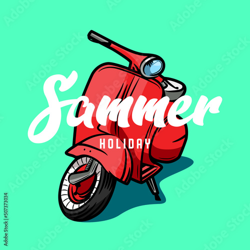 Red scooter on a blue background. The inscription in the middle of the summer holidays