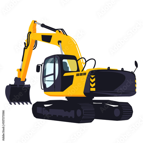 Yellow excavator stands back to us with lowered bucket.Isolated on white background.Mockup of construction machinery