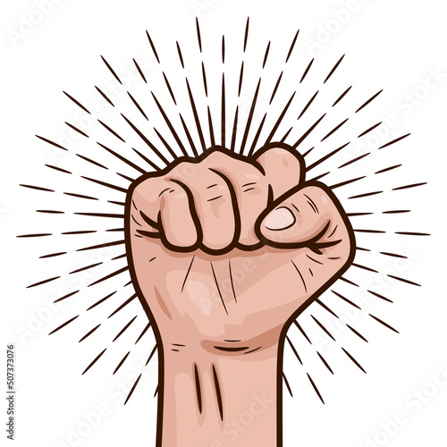 Illustration of a hand clenched into a fist raised up.The concept of power or a rally