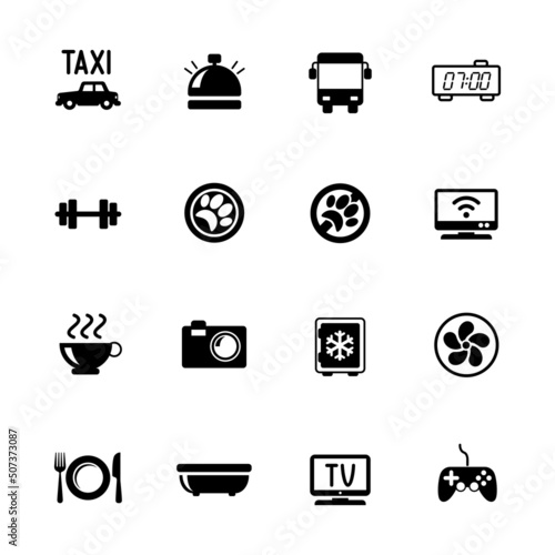 16 icons for the hotel, made in vector white and burgundy color.Can Be Used For Web, Mobile, UI And Infographic Design