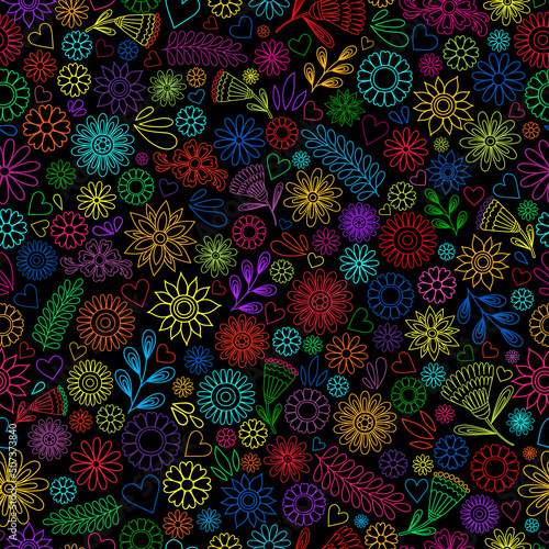 Flower pattern. Doodle flowers on dark backdrop. Colorful flower Day of the dead background. Floral ornament. Dia de los muertos print. Color botanical elements on black.