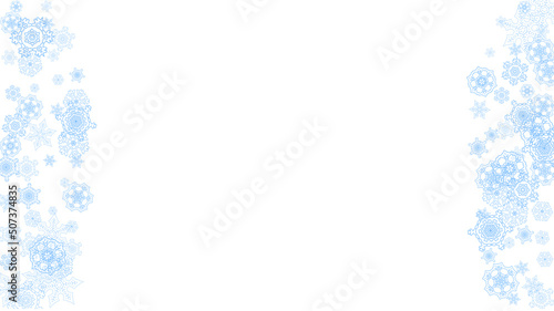 Winter frame with blue snowflakes for Christmas and New Year celebration. Horizontal winter frame on white background  for banners, gift coupons, vouchers, ads, party events. Falling frosty snow.